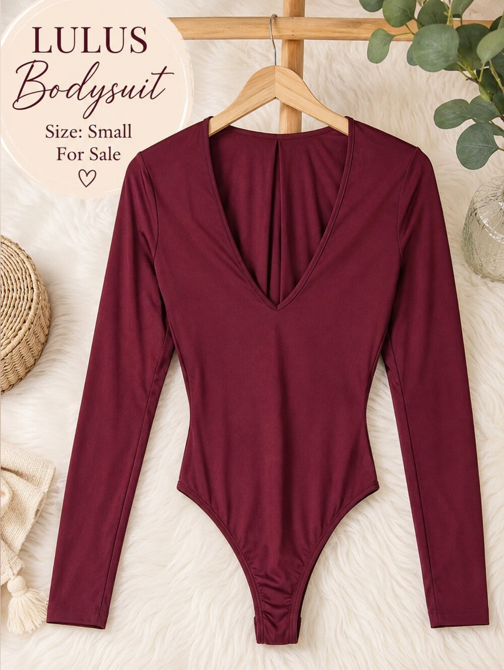 Lulu's Deep Burgundy Long Sleeve V-Neck Bodysuit